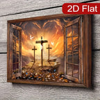 Framed Canvas Wall Art - Sunset Three Crosses Christ Landscape Window Scene, Religious Home Decor for Living Room & Bedroom, Faith-Inspired Wall Decor Gift