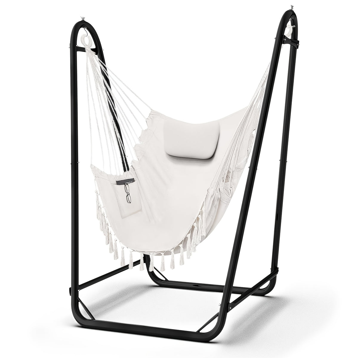 U-Shaped Hammock Chair Stand Double Tube Steel 350 lbs Capacity Rust-Resistant Powder Coat Indoor Outdoor Hanging Lounge Chair with Side Pocket Free Grey Swing