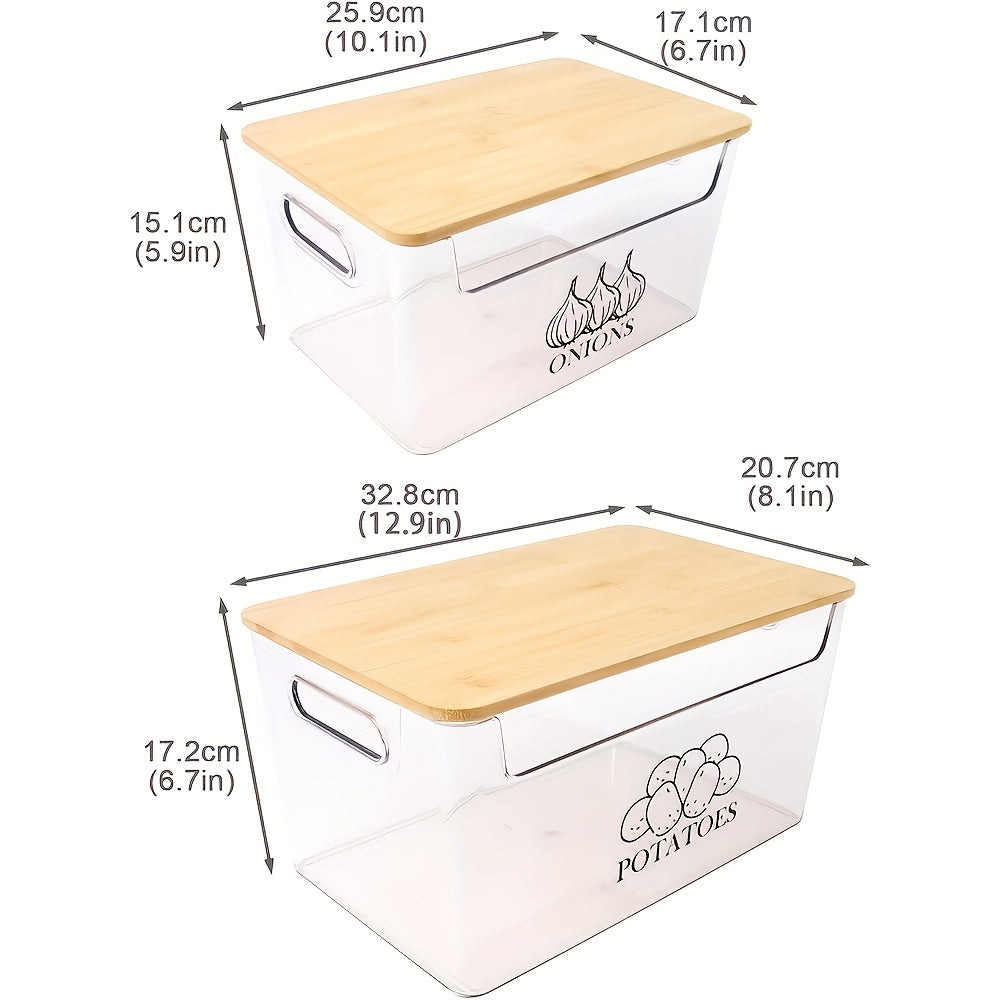 Stackable Potato & Onion Storage Container 2 Set Clear PE Bins with Bamboo Flip-Top Lid - Pantry Kitchen Counter Organizer for Vegetables