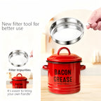 Enamel Cooking Grease Container with Fine-Mesh Strainer – Grease Saver & Oil Keeper with Spatula-Storing Handle, Farmhouse Kitchen Decor (Red or Blue)