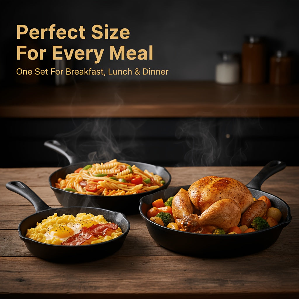 Pre-Seasoned Cast Iron Skillet Set 6” 8” 10” Heavy-Duty Pan for Frying Sauté Cooking & Pizza – Professional Restaurant Quality Cookware