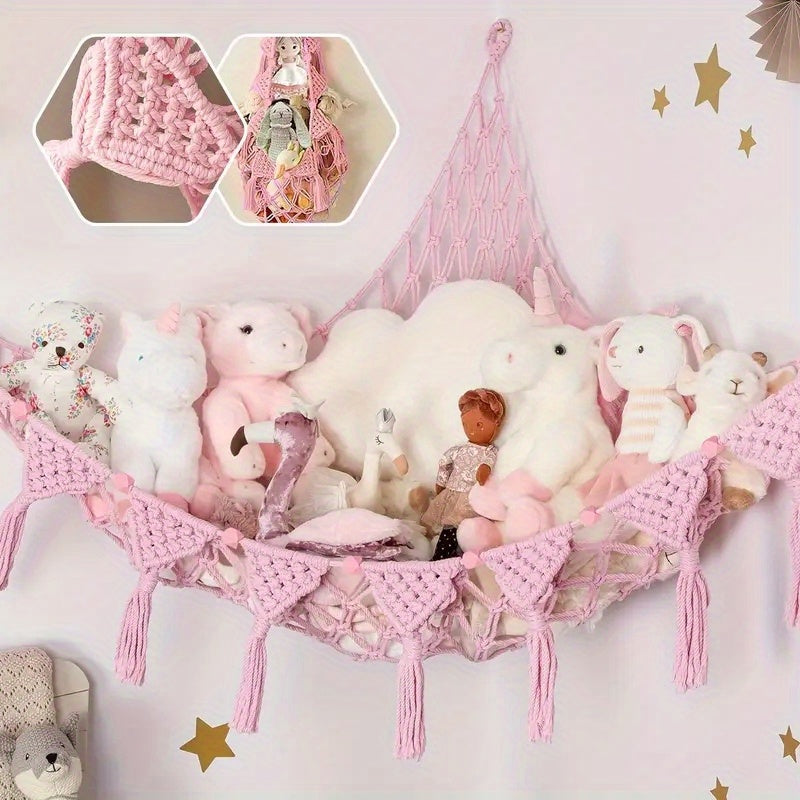 Stuffed Animal Storage Net with LED Lights – Corner Hanging Plushie Organizer for Kids Bedroom & Nursery, Jumbo Doll Net Room Decor, Holiday Gift for Children