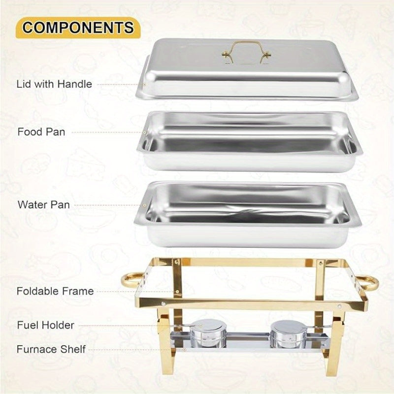 Golden Chafing Dish Buffet Set 9QT Stainless Steel Chafer with Full-Size Pans – Elegant Gold & Silver Finish Food Warmer for Weddings, Parties, Banquets & Catering Events (2 or 4 Pack)