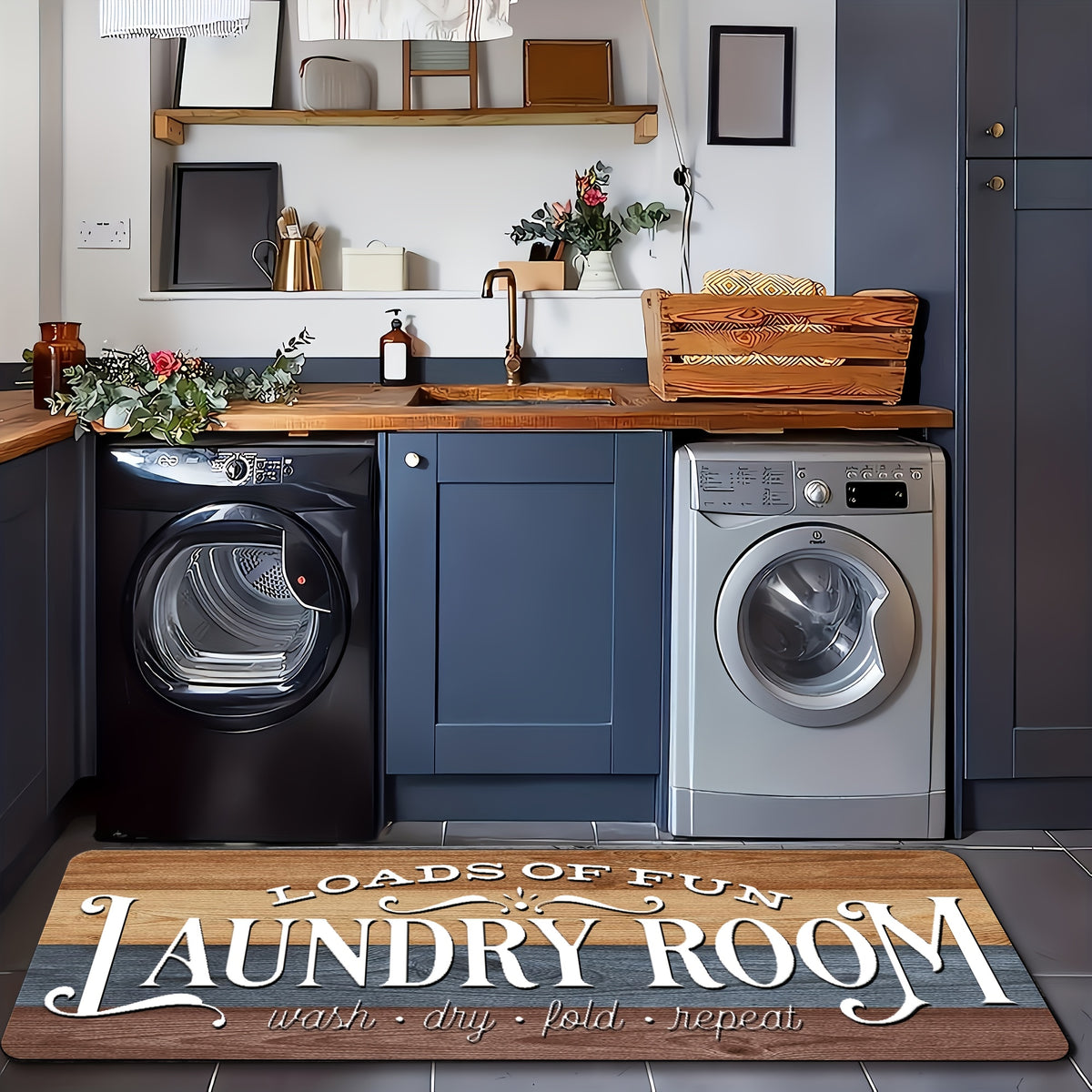 Laundry Room Runner Rug Non-Slip Washable Farmhouse Retro Floor Mat for Kitchen Bathroom Hallway Multiple Sizes and Colors Blue Brown Red Home Decor Accent Rug