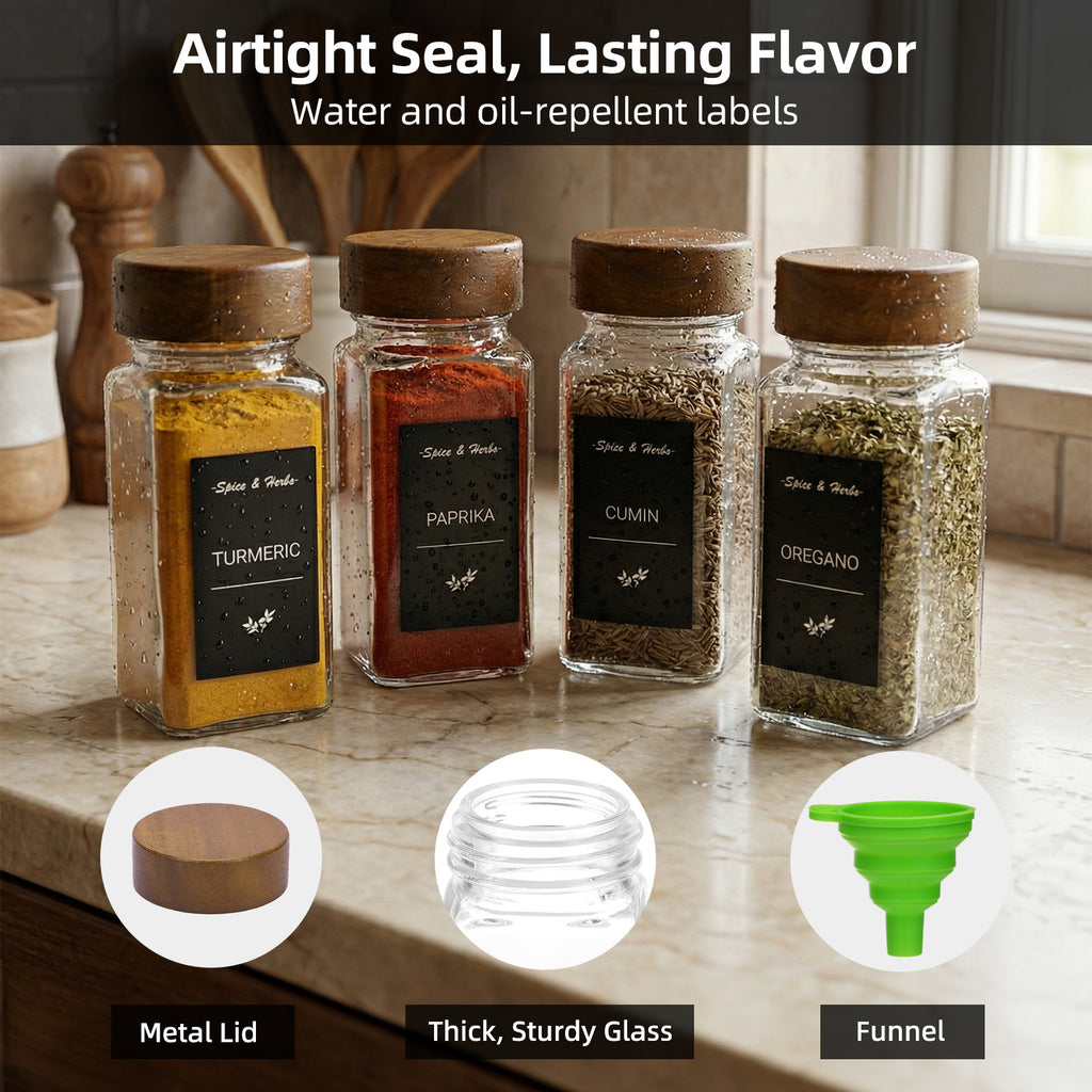 Glass Spice Jars Set with Acacia Wood Lids - 4oz Square Spice Bottles with Shaker Lids, Labels & Grinders for Kitchen Spice Storage and Organization