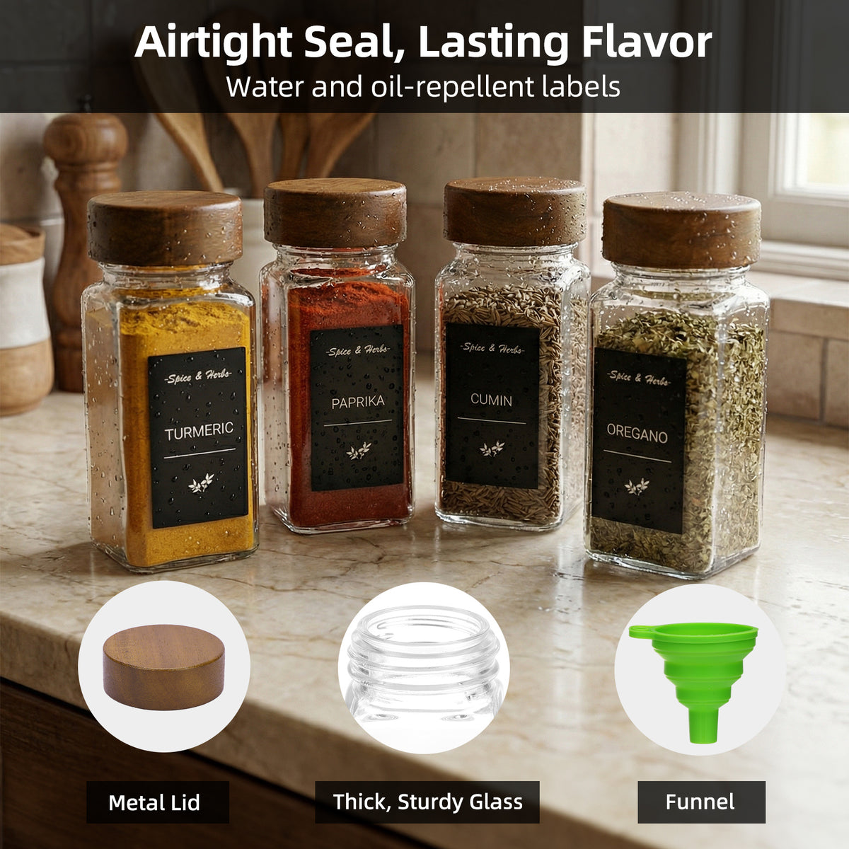 Glass Spice Jars Set with Acacia Wood Lids - 4oz Square Spice Bottles with Shaker Lids, Labels & Grinders for Kitchen Spice Storage and Organization