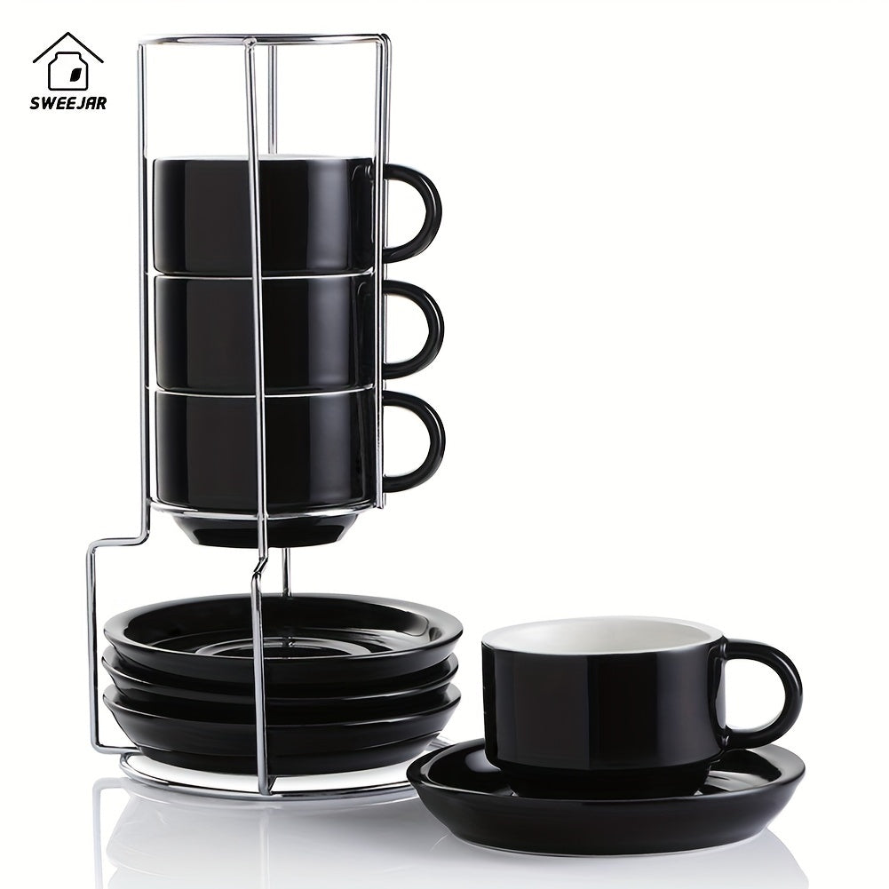 Porcelain Espresso Cups with Saucers 4oz – Set of 4 Stackable Cappuccino Cups with Metal Display Stand for Coffee, Latte & Tea