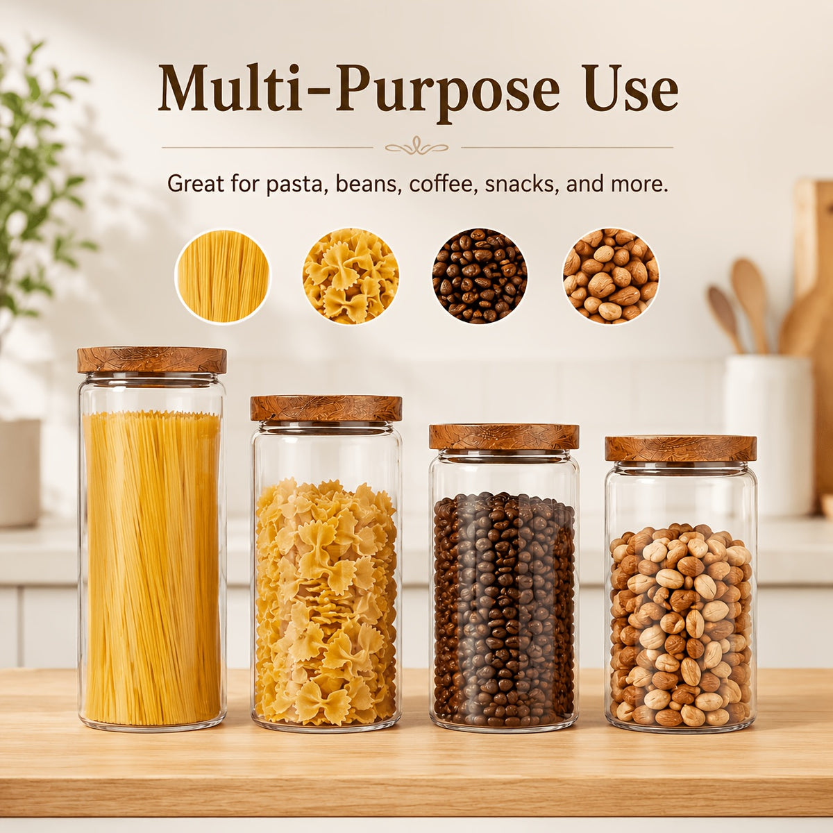 Glass Food Storage Jars with Wooden Lids 4-Piece Set – Airtight Transparent Kitchen Canister Set for Coffee Beans, Spices, Snacks & Dry Goods | 16/25/34/53 oz