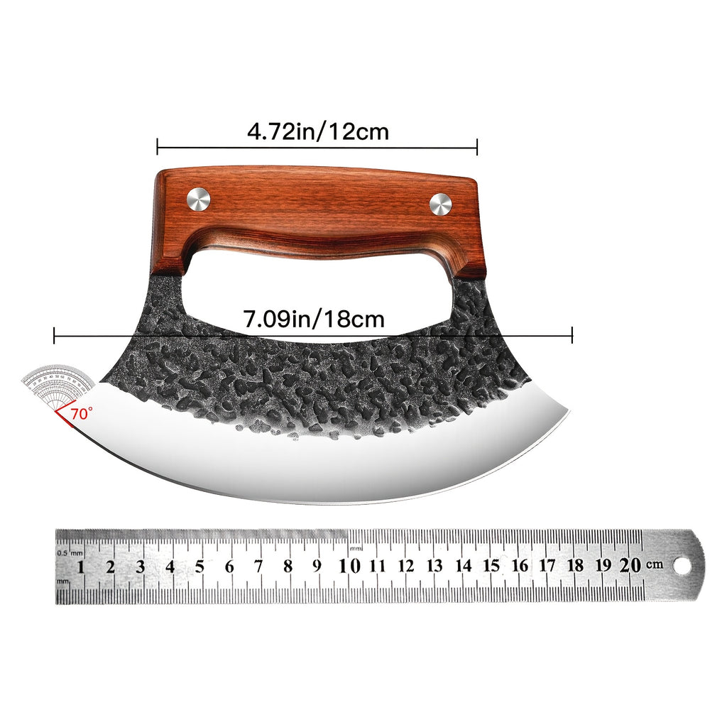 Hand-Forged Ulu Rocker Pizza Cutter & Mezzaluna Chef Knife – High Carbon Steel or Stainless Steel with Rosewood Handle, Leather Sheath & Gift Box – Kitchen, Camping & BBQ – Birthday Gift for Men