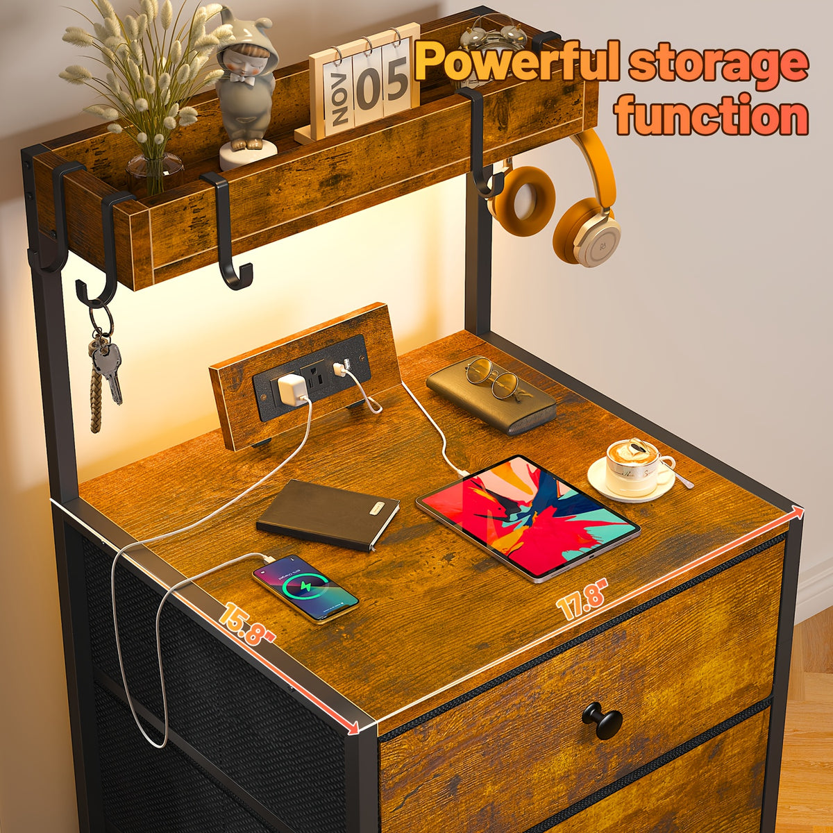 Tall Nightstand with Charging Station LED Lights 3 Fabric Drawers Shelves USB Ports Outlets Oversized Tabletop 4 Hooks Bedside Table for Bedroom Storage