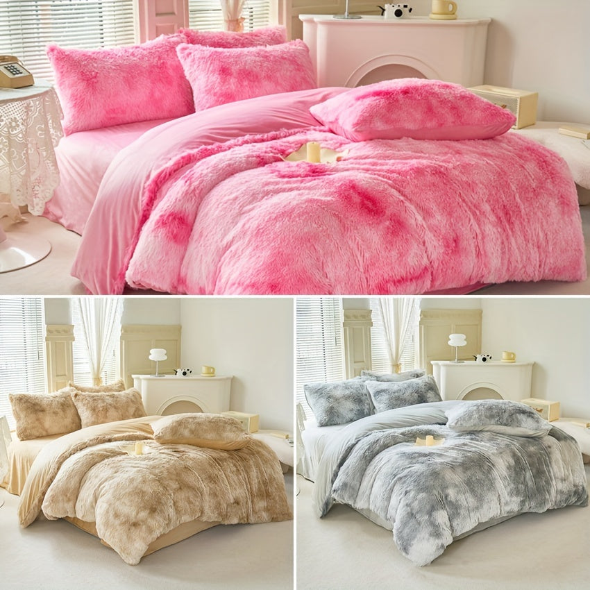 3-Piece Tie-Dye Long Plush Duvet Cover Set 1 Duvet Cover + 2 Pillowcases Zip Closure Machine Washable All-Season Elegant Bedroom Pink Khaki Light Gray Twin Full Queen King