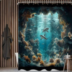 4pcs Shark Ocean Bathroom Set Shower Curtain 71x71 Inch Toilet Lid Cover U-Shape Mat - Underwater Cave Beach Theme Bath Decor for Kids Adults | Nuvia Haven