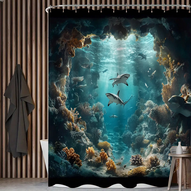4pcs Shark Ocean Bathroom Set Shower Curtain 71x71 Inch Toilet Lid Cover U-Shape Mat - Underwater Cave Beach Theme Bath Decor for Kids Adults | Nuvia Haven