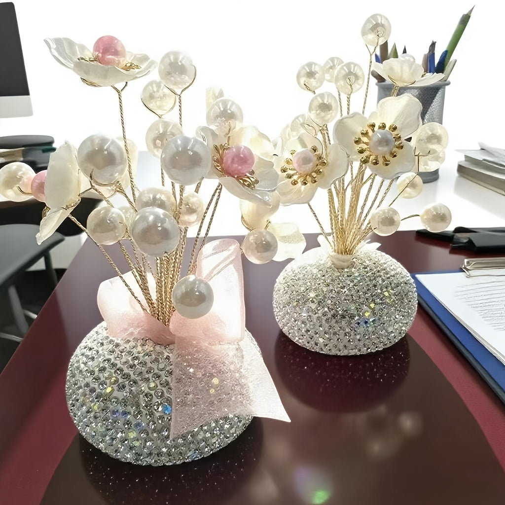 Crystal Simulation Flower Decoration Set of 2 - Handmade Faux Crystal Flowers for Car Center Console Home Decor and Desk - Elegant Gift for Mothers Day Birthday and Valentines Day Holiday Parties