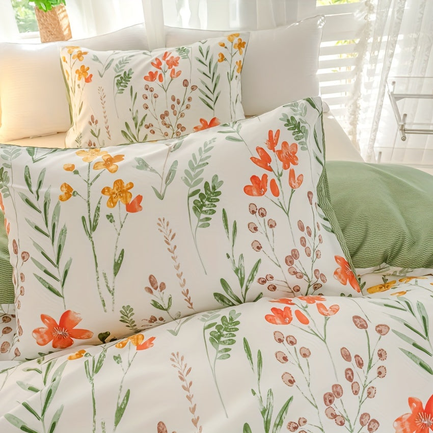 Floral Duvet Cover Set 3-Piece Soft Breathable Polyester – Flowers & Plants Print Comforter Cover with Zip Closure, Twin Full Queen King Bedding Set No Insert