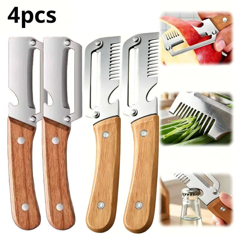 Vegetable Peeler Set 4-Piece Wooden Handle Stainless Steel Wide Blade – 3-in-1 Peeler Shredder & Bottle Opener for Potato Carrot, Kitchen Camping Travel Holiday Banquet Tool