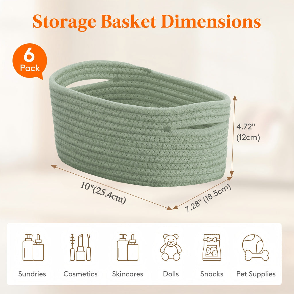 Woven Storage Baskets Set of 6 – Cotton Rope Round Shelf Baskets Bins for Organizing Closet Living Room Bedroom Playroom, Cute Small Decorative Cube Storage Caddy, Multiple Colors Available