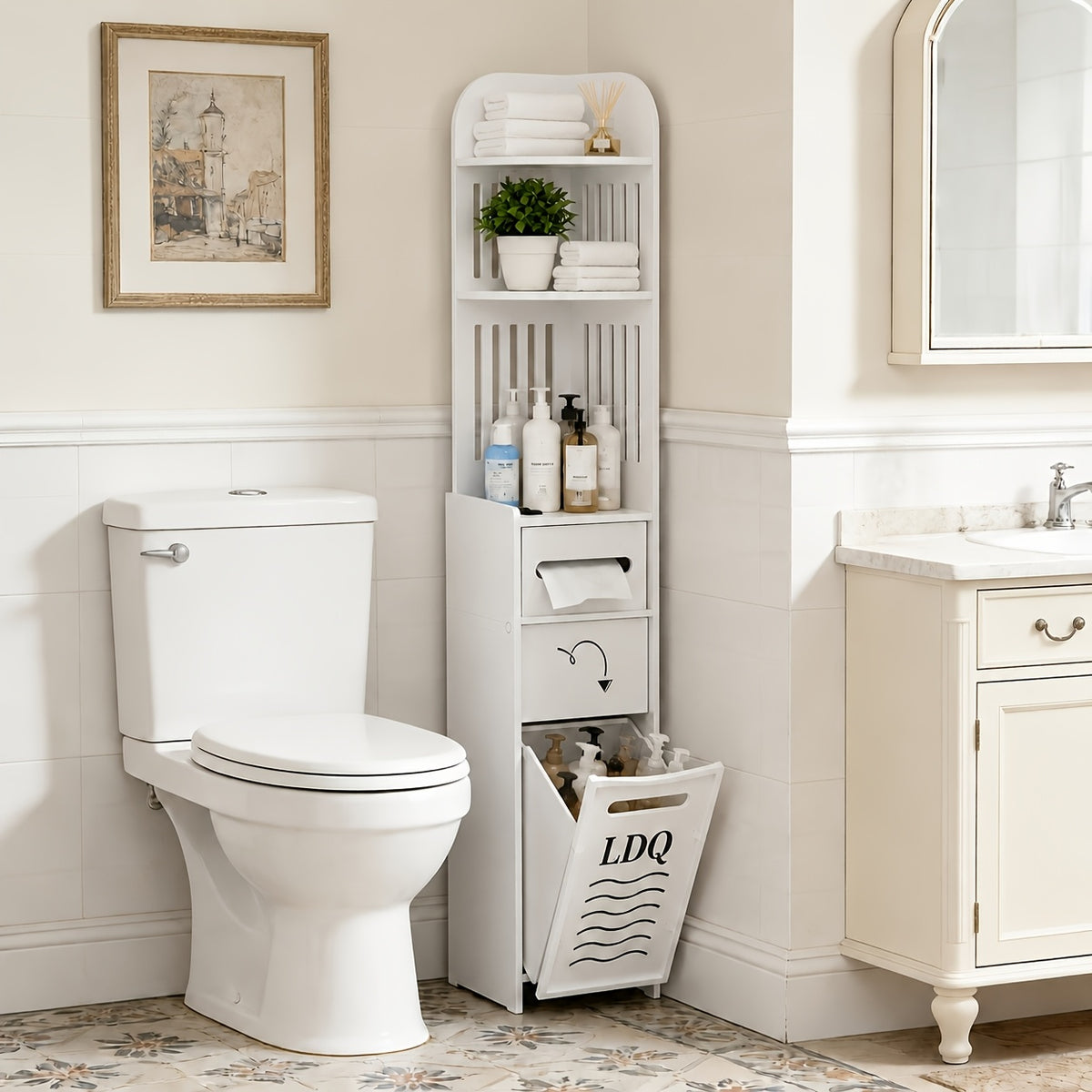 47-Inch Slim Floor Bathroom Storage Cabinet with Toilet Paper Holder & Hidden Trash Can – Narrow PVC Space-Saving Organizer Shelf for Small Bathroom, Apartment, Dorm, Kitchen, Laundry Room & Entryway