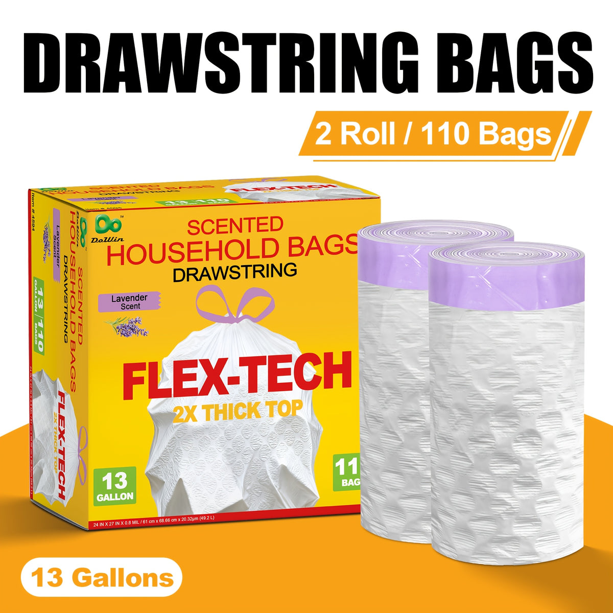 Lavender Scented Trash Bags 13 Gallon 55, 110 or 165 Count – Heavy-Duty Drawstring Garbage Bags, Expandable Leak-Proof Puncture-Resistant, Kitchen & Home Waste Bags White