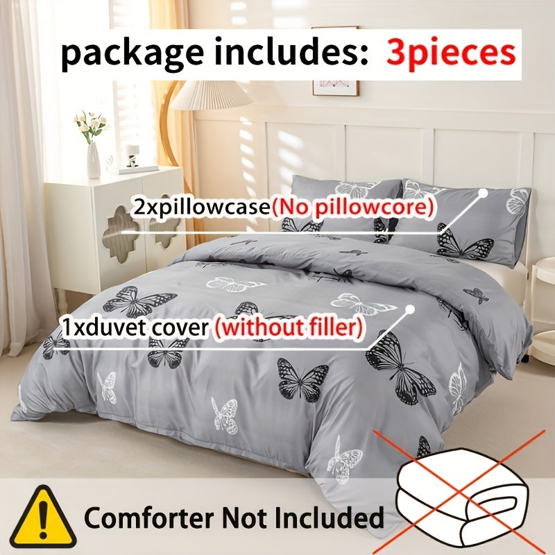 Gray Butterfly Print Duvet Cover Set 3pcs Black White Butterfly Quilt Cover with Pillowcases Twin Full Queen King