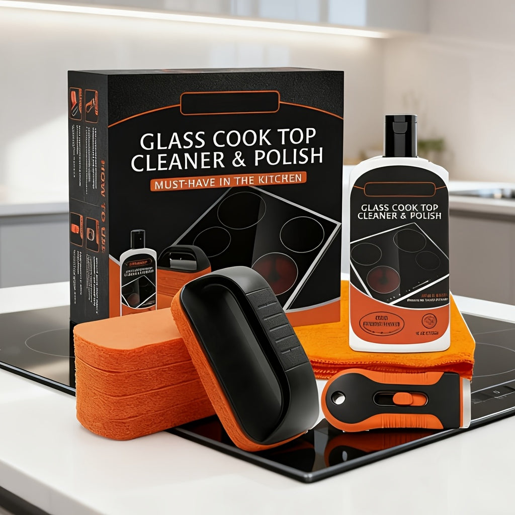 Glass Stove Top Cleaner Kit, 12oz Non-Abrasive Cooktop Cleaner & Polish – No-Scratch Formula, Removes Tough Stains, with Scrubbing Pad, Scraper & Cloth