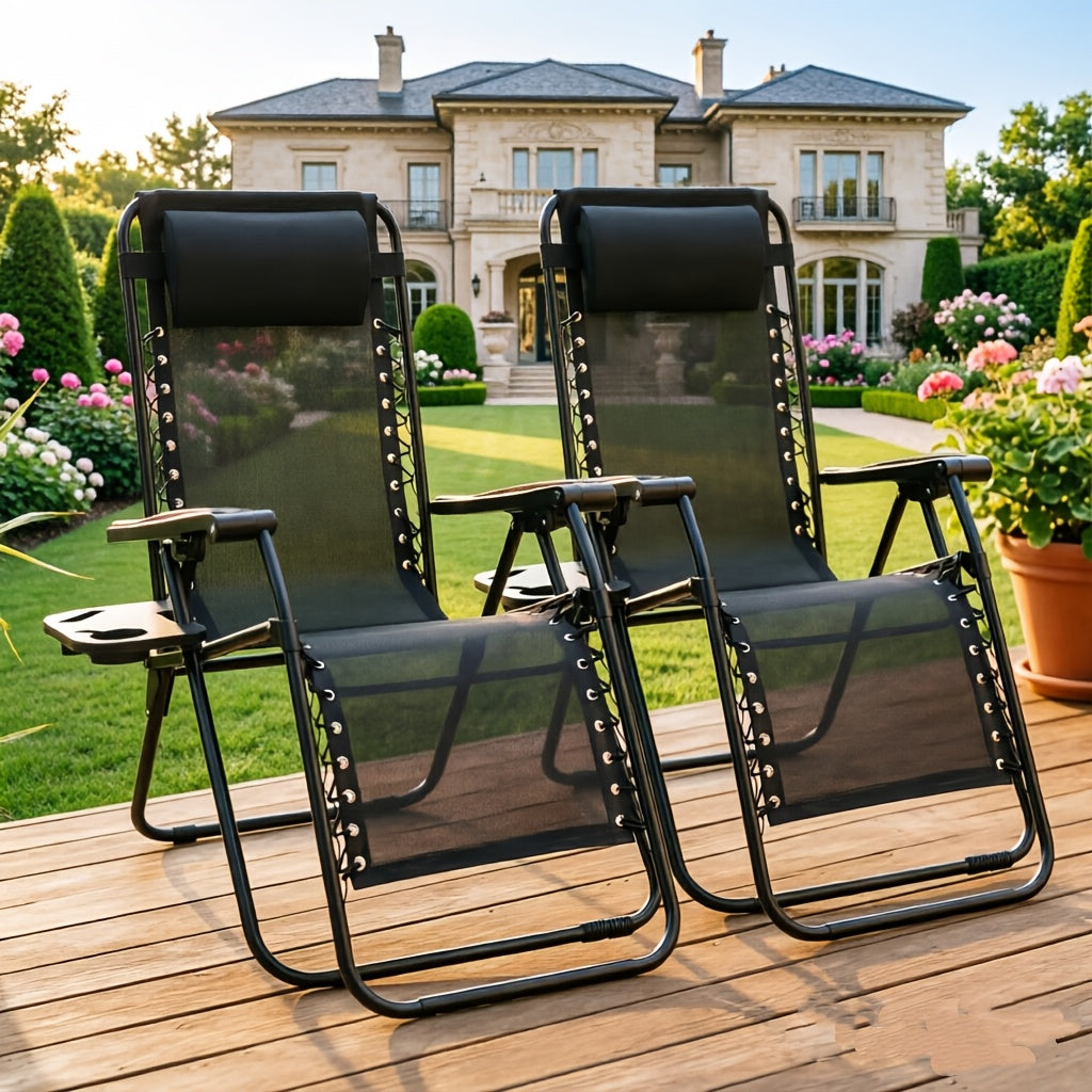 Zero Gravity Recliner Chair Outdoor Folding Lounge Chair 2 Pack – Beach Camping Patio Chair with Cup Holder, Adjustable Pillow for Poolside, Backyard & Lawn | Black, Blue