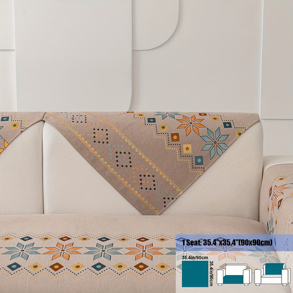 Embroidered Chenille Sofa Slipcover Bohemian Geometric Floral Pattern | Non-Slip Machine Washable Couch Cover for 1-2-3-4 Seater with Armrest & Pillow Cover Options, 6 Colors
