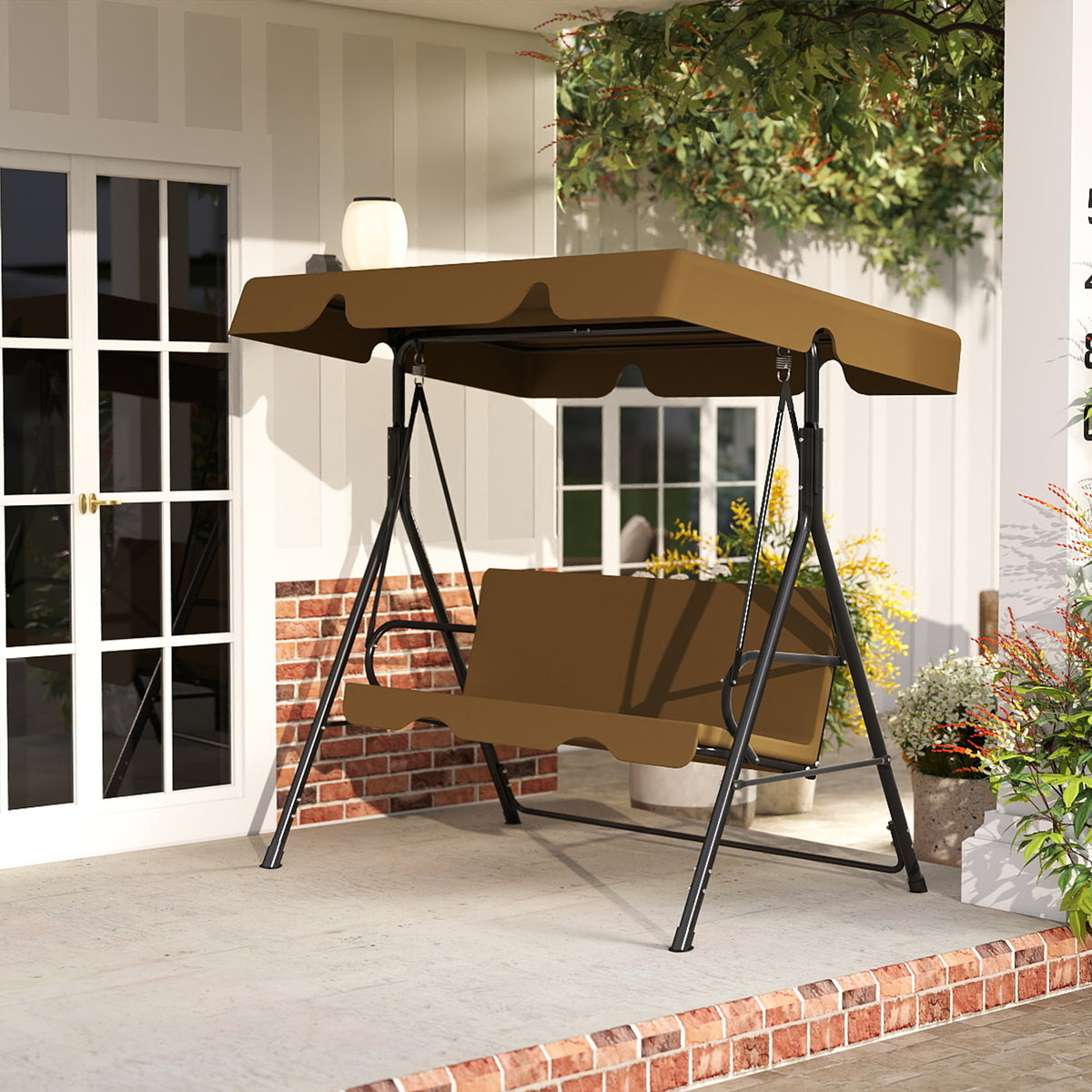 Outdoor Porch Glider Swing with Canopy Rust Proof Heavy Duty Steel Frame Adjustable Canopy Patio Furniture Garden Lawn Backyard Black Beige Brown Red Green