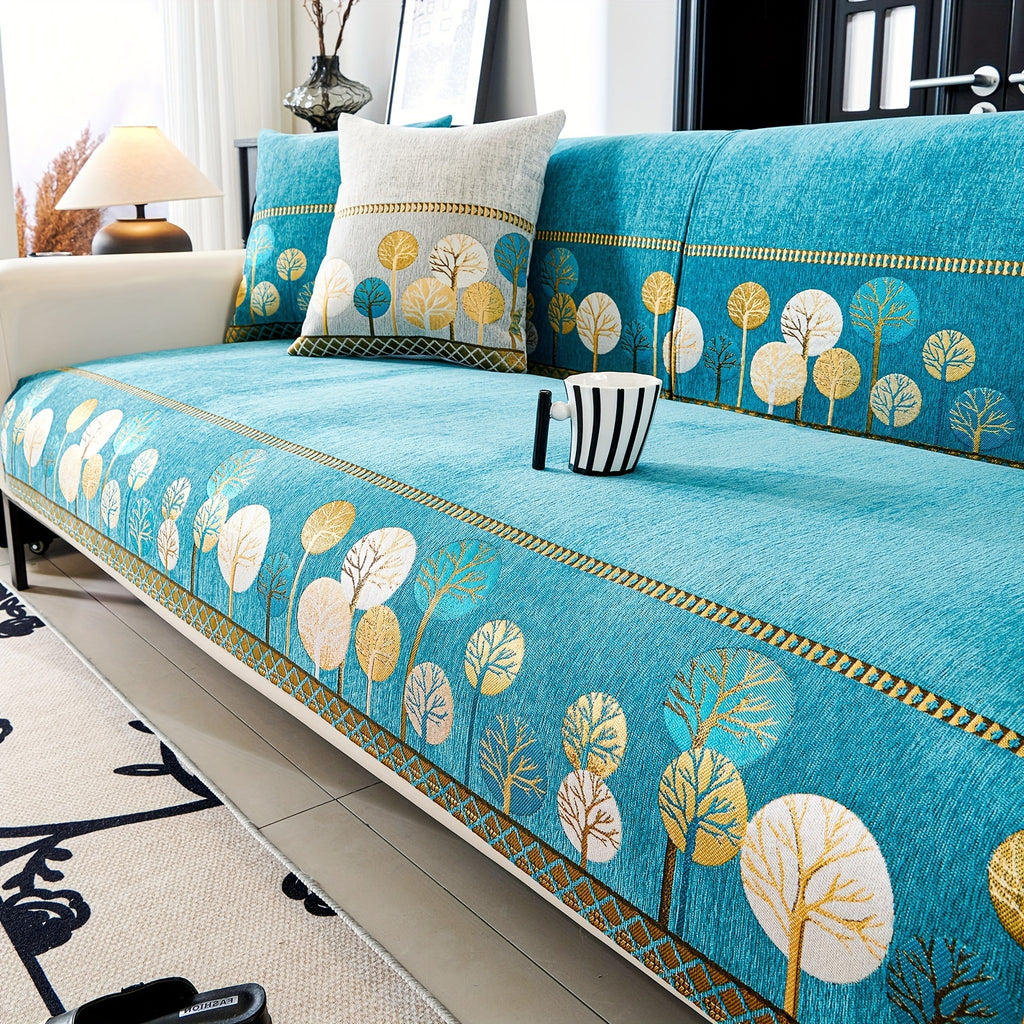 Bohemian Chenille Sofa Cover Tree Embroidery Print Thick Non-Slip Pet Friendly One-Piece Couch Protector Armchair Loveseat 3 4 Seater