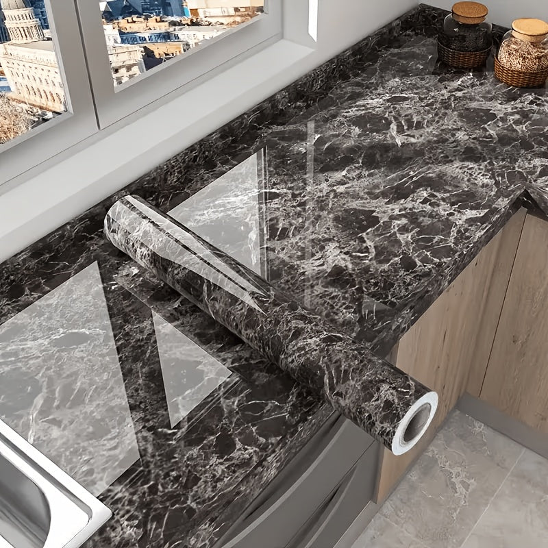 Marble Contact Paper Waterproof Self-Adhesive PET Film Heat Oil Resistant Glossy Vinyl Wrap for Kitchen Cabinets Bathroom Countertops Drawer Liner Furniture Decor White Black Marble 15.75x196.85 in