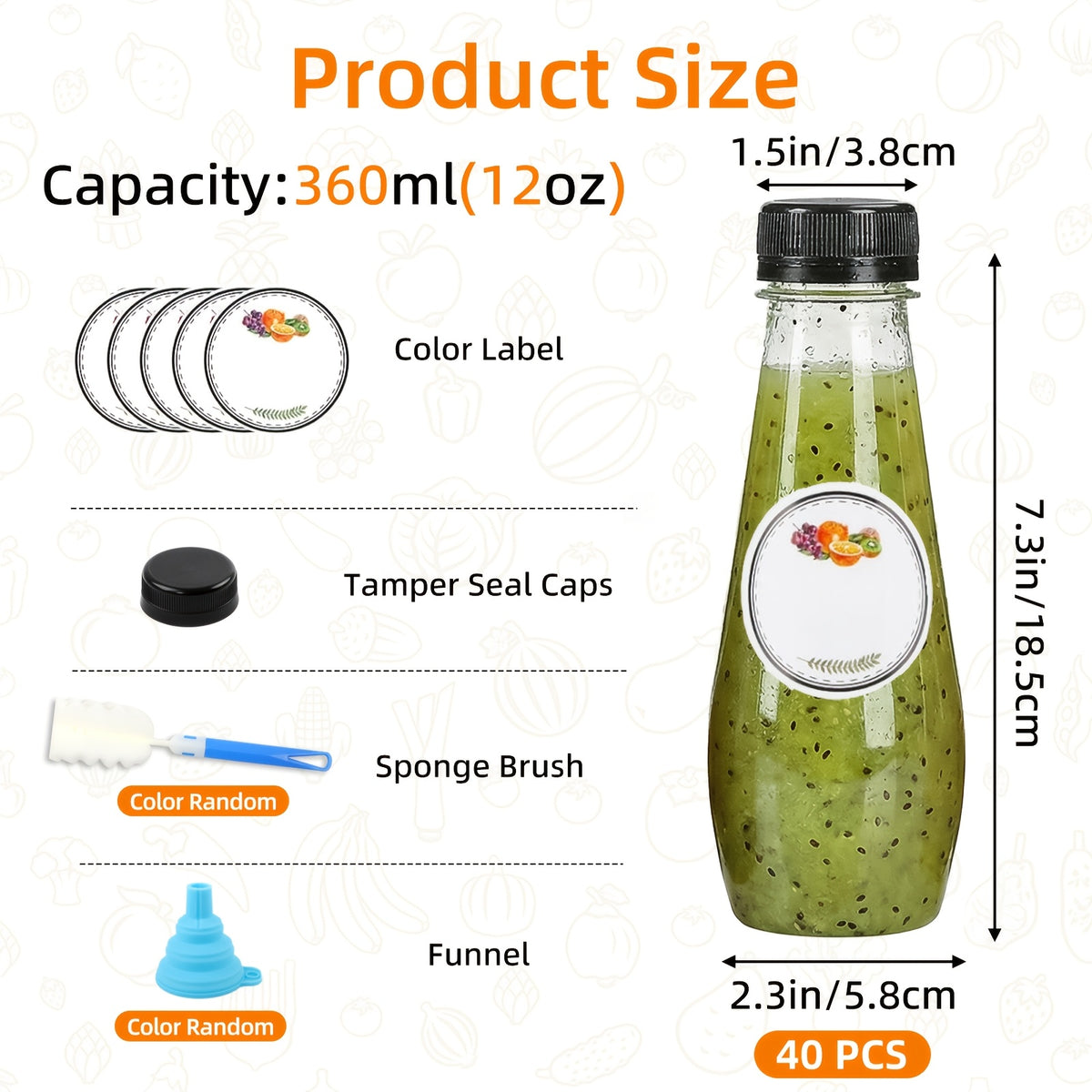 Empty Plastic Juice Bottles with Caps 12oz Set of 40 | Clear Cone Bulk Reusable Bottles for Juice Smoothies Tea Coffee