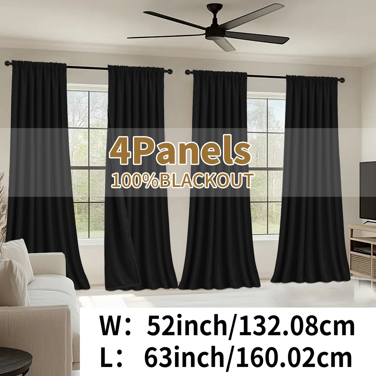 Blackout Curtains Rod Pocket 4 Panels - Thermal Insulated Room Darkening Noise Reducing Matte Drapes for Bedroom Living Room Office, 9 Colors 11 Sizes