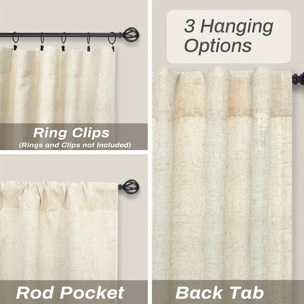 Linen Semi-Sheer Curtains 2 Panels Real Flax Light Filtering Drapes - Boho Farmhouse Window Curtains for Living Room Bedroom, 10 Colors Multiple Lengths Privacy Window Treatment