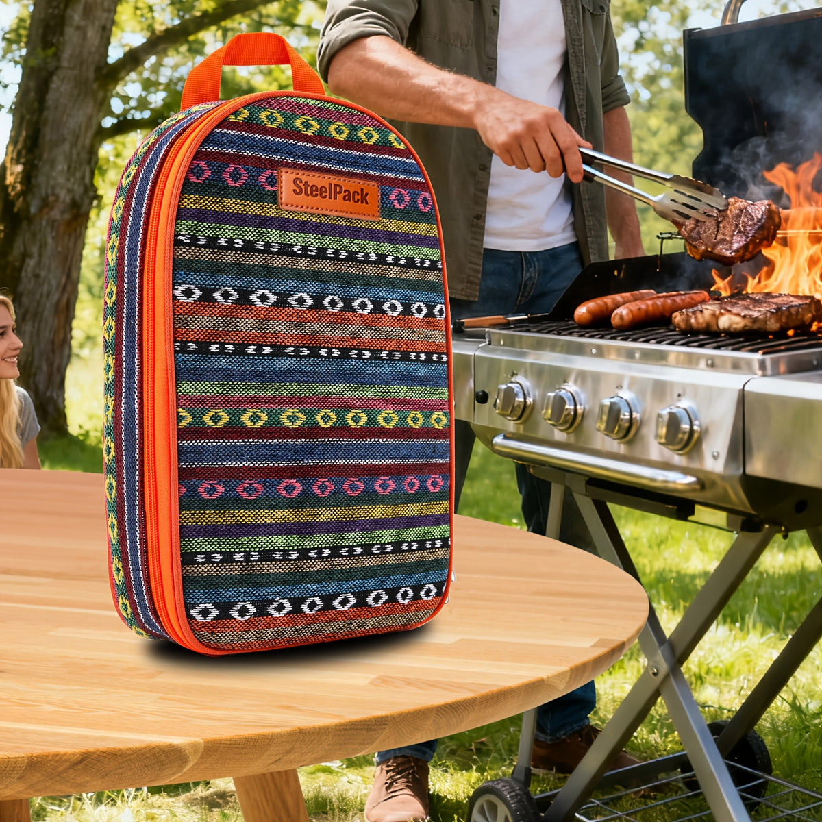 Camping Kitchen Utensil Set 17pcs Stainless Steel Outdoor Cooking & BBQ Utensils with Storage Bag - Portable Camping Cookware Accessories for Travel Picnic RV Barbecue Party, Bohemian/Black/Blue