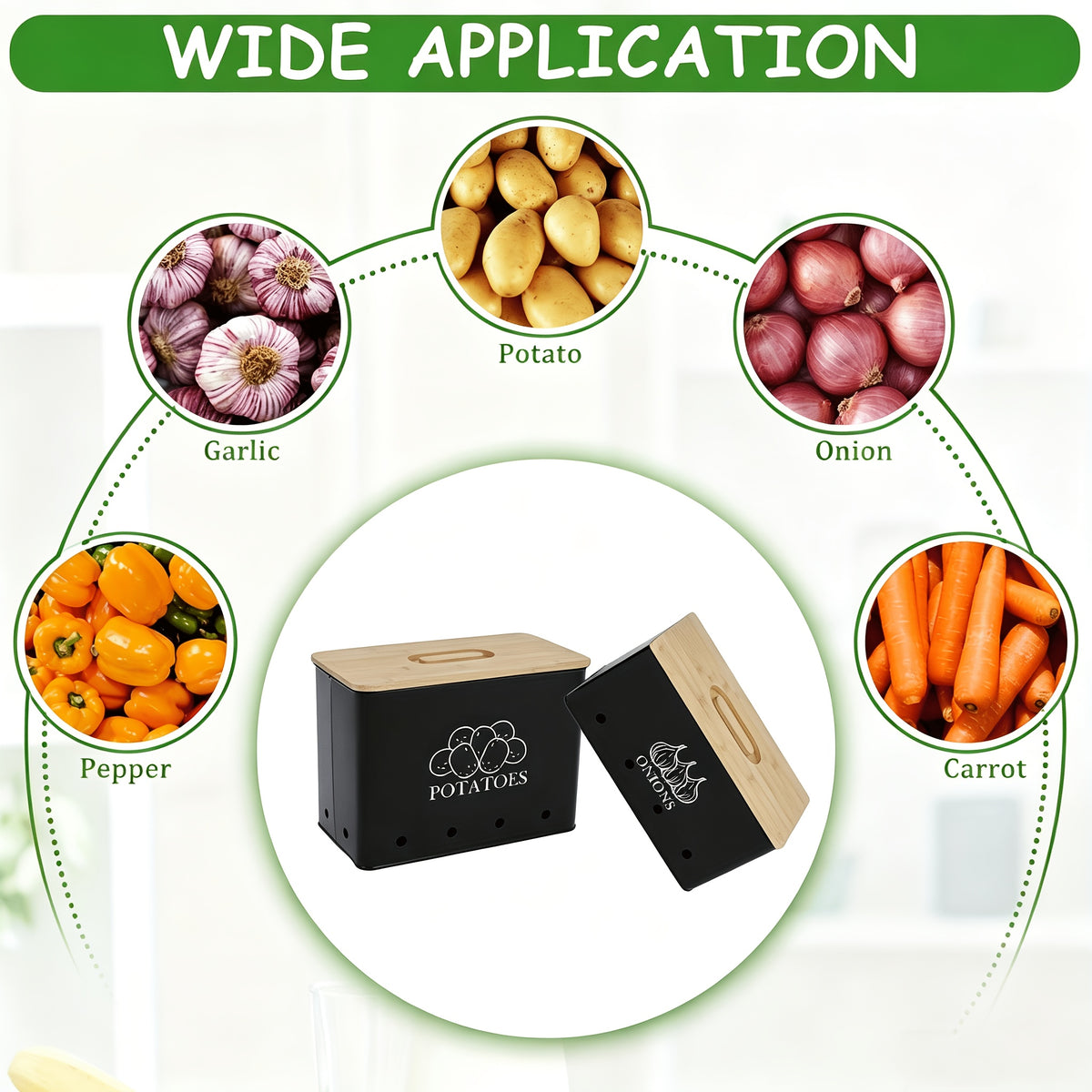 Potato and Onion Storage Bin 2-Pack Large Metal Kitchen Canisters with Bamboo Lid Flip Top for Vegetable Pantry Organization – Green Grey Black White