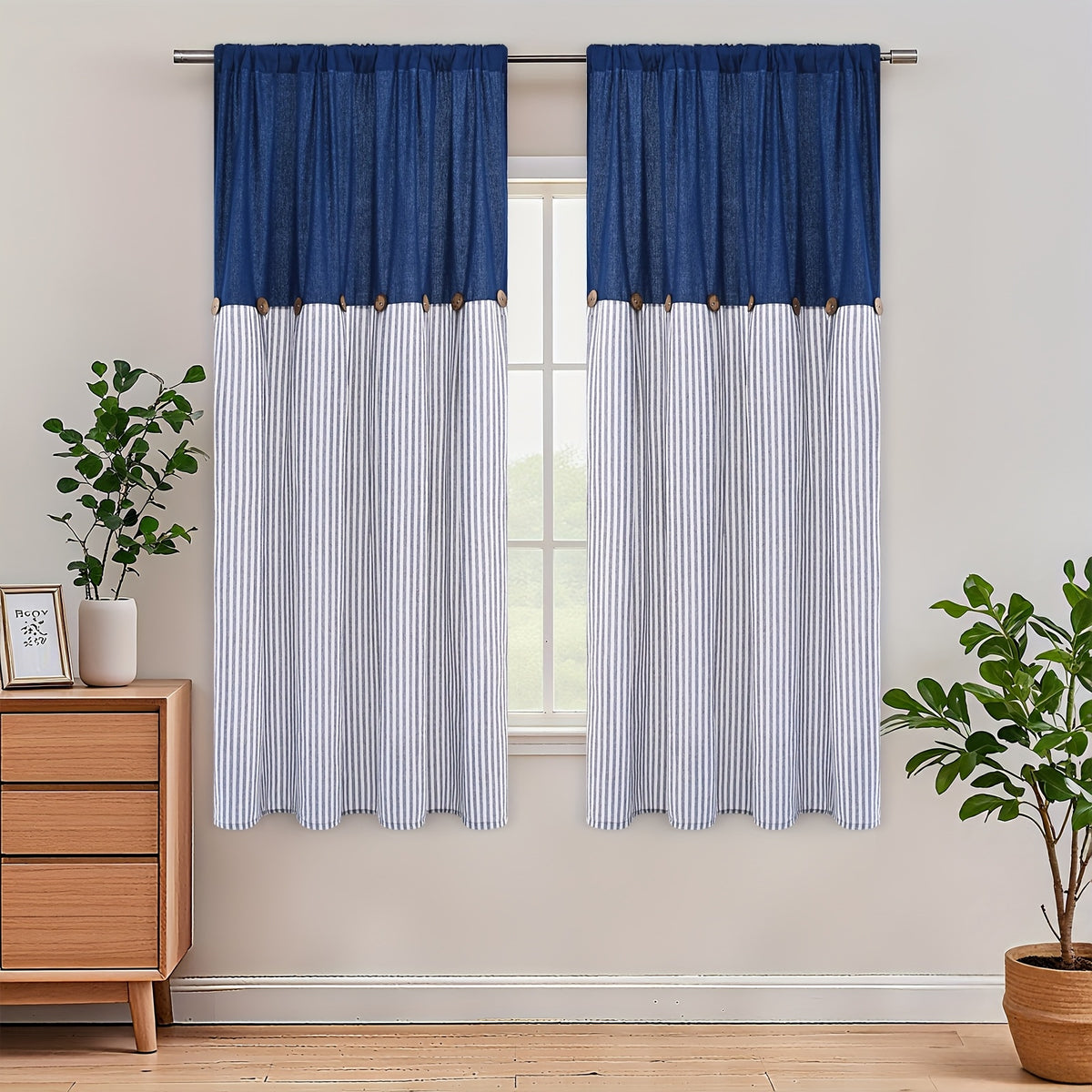 Bohemian Semi-Sheer Linen Cotton Curtains Grommet Top – Patchwork Country Cottage Window Drapes, 1 or 2 Panels, All Season, Bedroom Living Room Kitchen Bathroom Cafe Decor | Blue Green Dark Blue