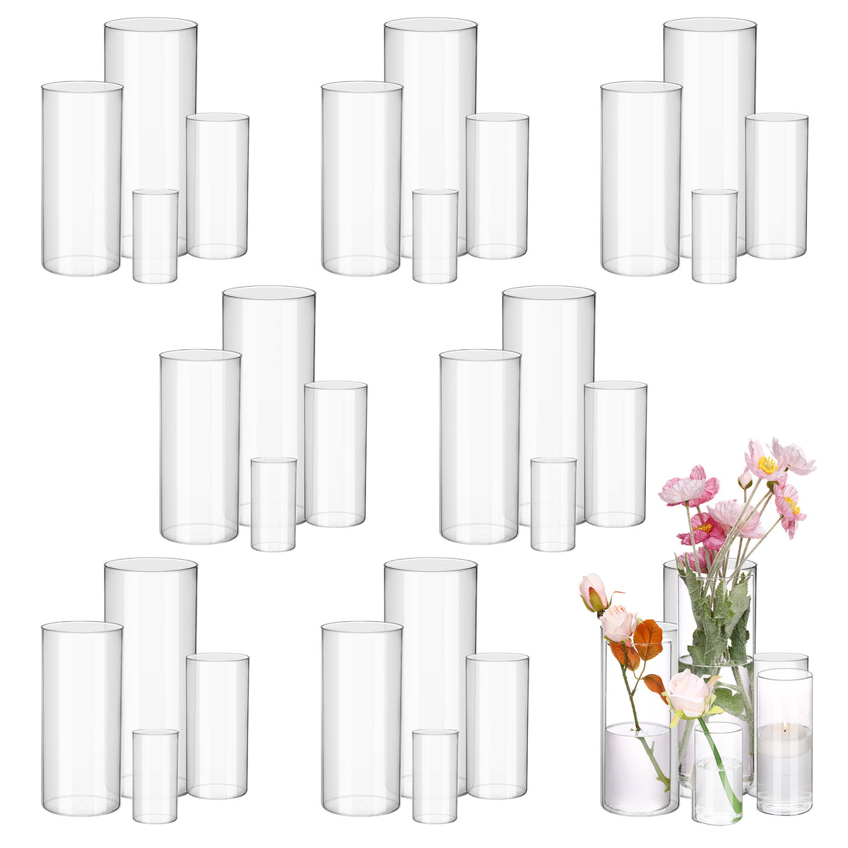 WHONLINE 16pcs Clear Glass Cylinder Vases 4 Sizes (4"/6"/8"/10") – Tall Transparent Vase Set for Wedding Centerpieces, Party Tables, Hurricane Floating Candle Holders, Home & Office Decor
