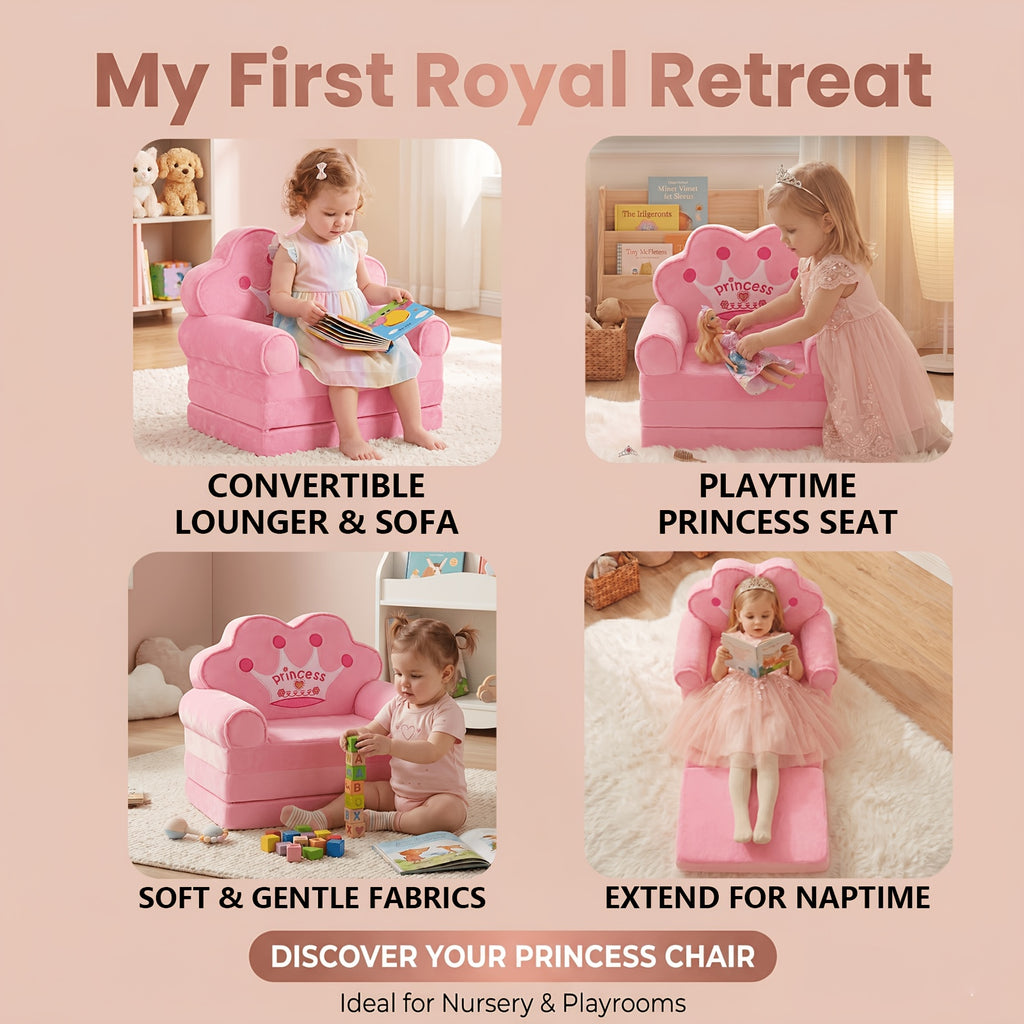 Flip Open Kids Sofa with Princess Crown Design – 2-in-1 Foldable Couch & Lounger Chair, Machine Washable Plush Cover, Certified Safe Foam, Dreamy Reading Nook Gift for Girls