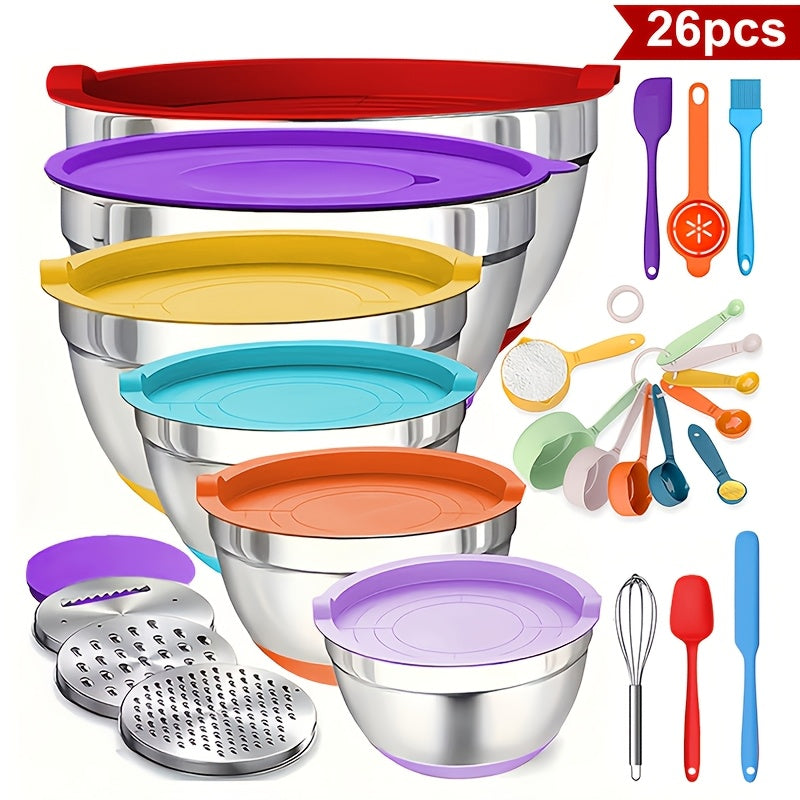 26-Piece Stainless Steel Mixing Bowl Set with Airtight Lids & 3 Grater Attachments - Non-Slip Bottoms | 6 Sizes: 1–7 QT