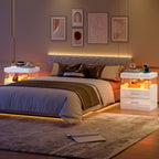 LED Nightstand with Charging Station USB Ports Outlets High Gloss Adjustable LED Lights 2 Storage Drawers Wood End Table Bedroom Living Room White Black 1pc or 2pcs