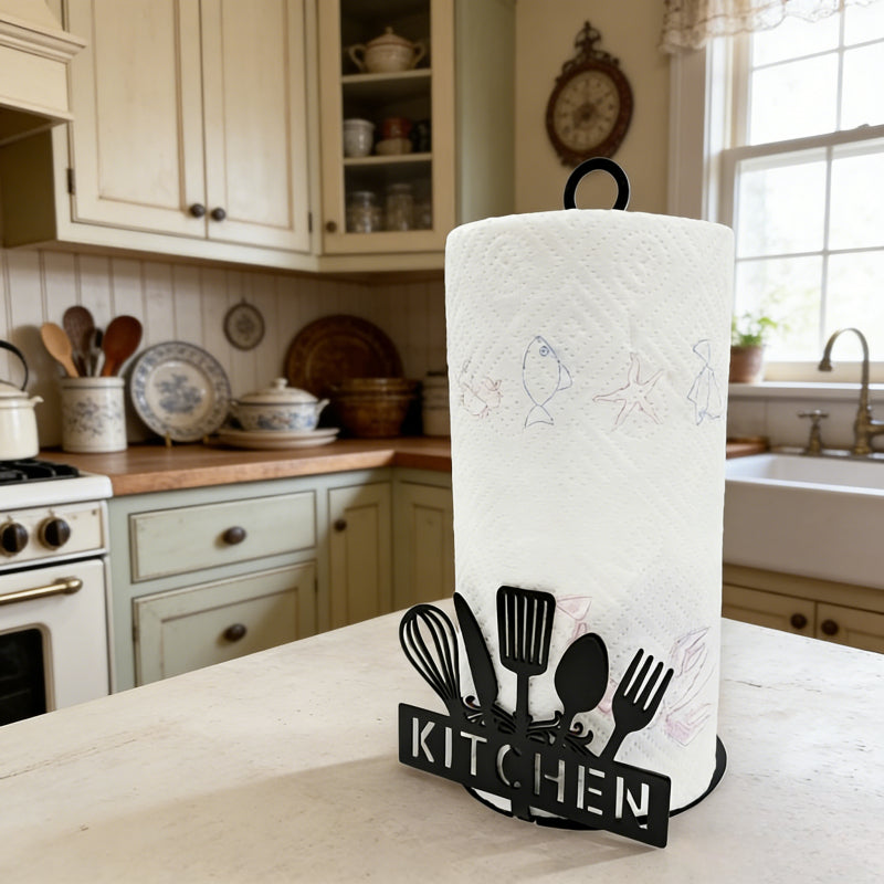 Paper Towel Holder Black Iron Countertop Napkin Dispenser – Kitchen Theme Tissue Stand for Kitchen, Living Room, Bedroom & Coffee Bar