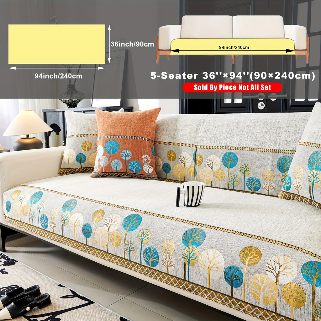 Bohemian Chenille Sofa Cover Tree Embroidery Print Thick Non-Slip Pet Friendly One-Piece Couch Protector Armchair Loveseat 3 4 Seater