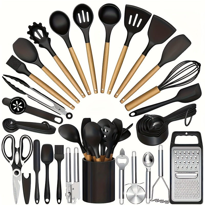 35/36-Piece Silicone Kitchen Utensils Set with Rack & Wooden Handles – Heat Resistant Cooking Tools for Non-Stick Pans | Complete Kitchen Utensil Set