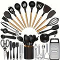 35/36-Piece Silicone Kitchen Utensils Set with Rack & Wooden Handles – Heat Resistant Cooking Tools for Non-Stick Pans | Complete Kitchen Utensil Set