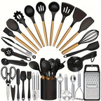 35/36-Piece Silicone Kitchen Utensils Set with Rack & Wooden Handles – Heat Resistant Cooking Tools for Non-Stick Pans | Complete Kitchen Utensil Set