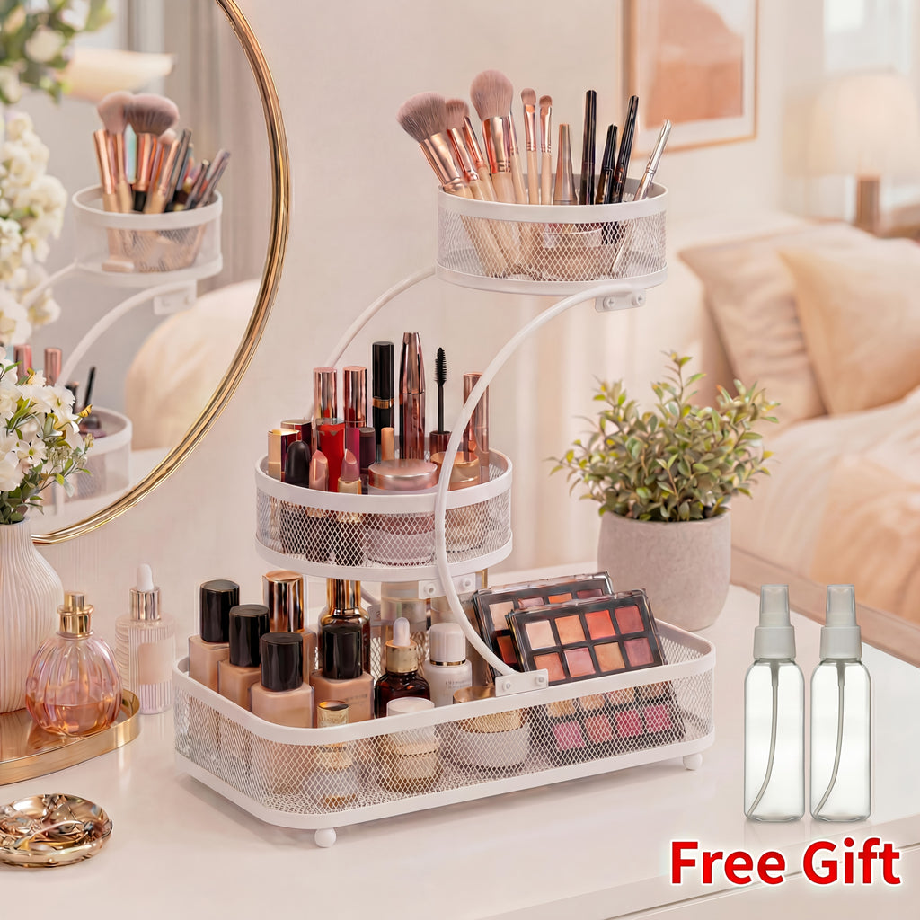 3-Tier Metal Mesh Countertop Storage Rack with Hooks, Space-Saving Organizer for Bathroom & Kitchen – Heavy-Duty Cosmetic, Perfume & Toiletry Display Stand, Black or White, Mini Available