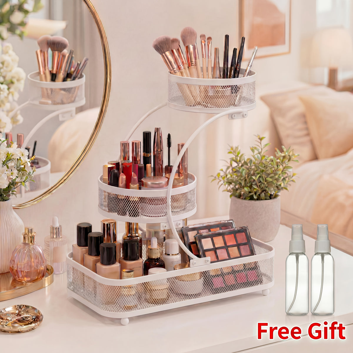 3-Tier Metal Mesh Countertop Storage Rack with Hooks, Space-Saving Organizer for Bathroom & Kitchen – Heavy-Duty Cosmetic, Perfume & Toiletry Display Stand, Black or White, Mini Available