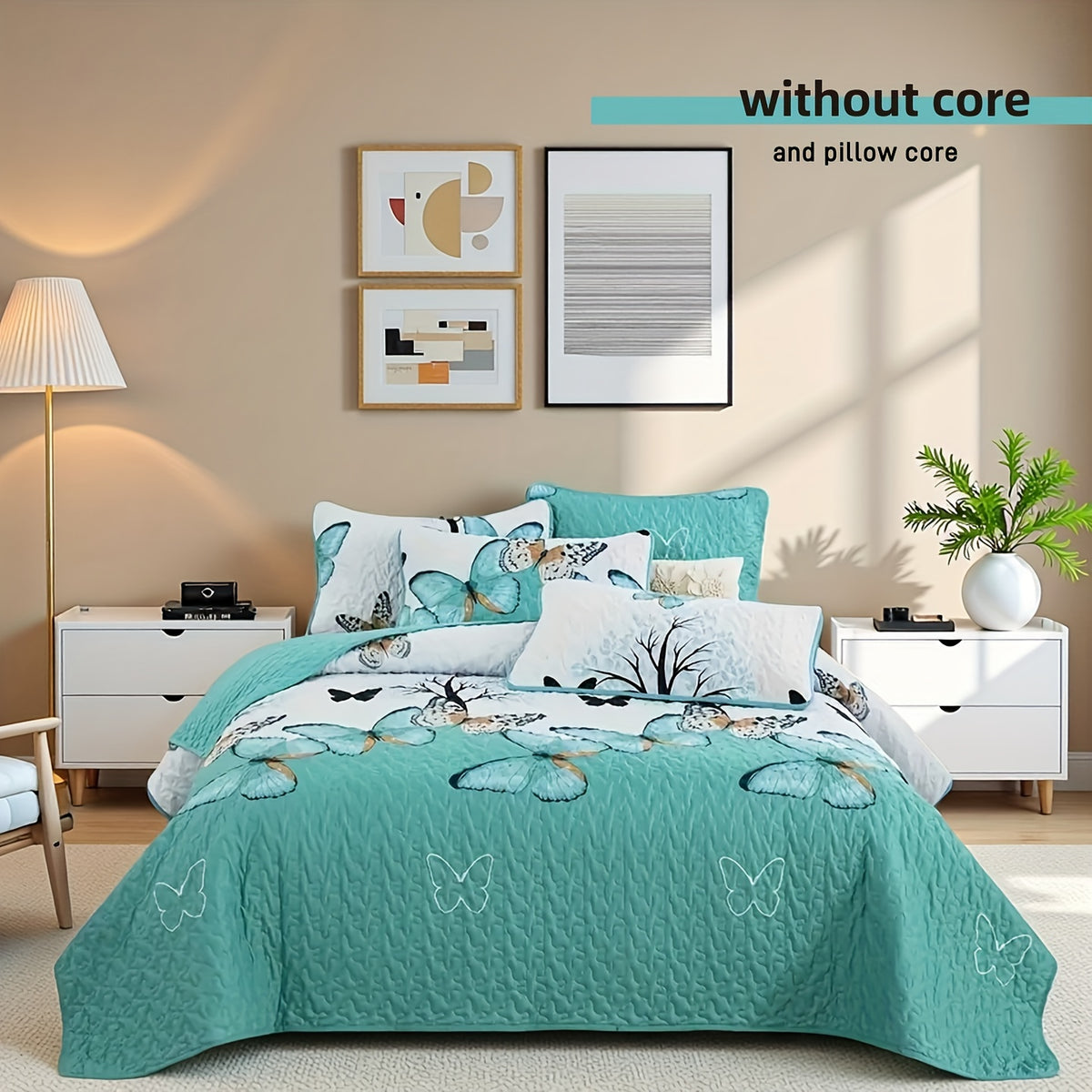 Quilted Bed Cover Set 3 Piece Butterfly Print - Soft Breathable Bedspread with 2 Pillowcases, Machine Washable All-Season, Twin Full Queen King