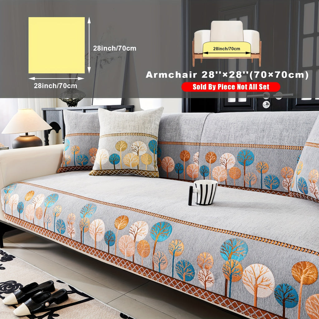Bohemian Chenille Sofa Cover Tree Embroidery Print Thick Non-Slip Pet Friendly One-Piece Couch Protector Armchair Loveseat 3 4 Seater