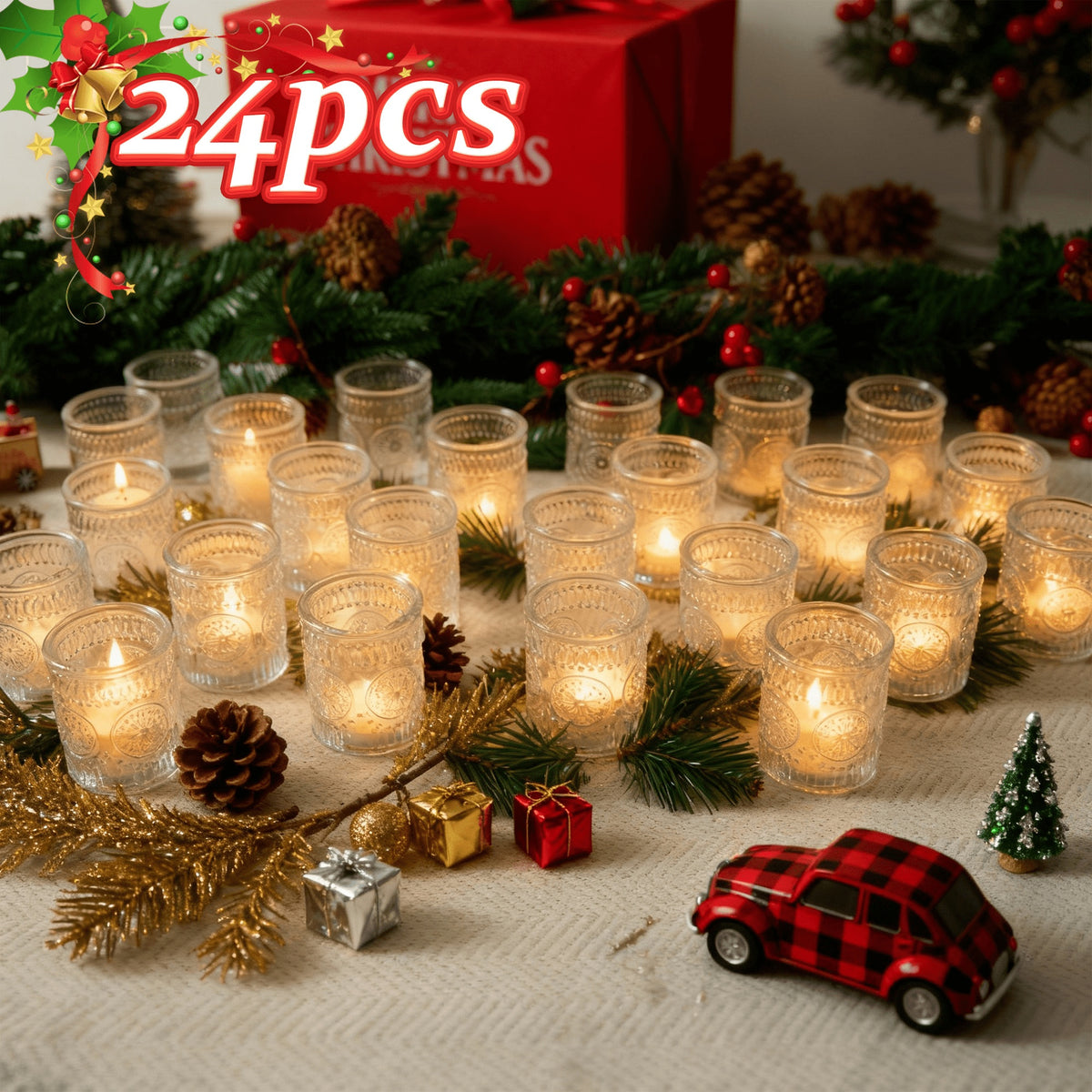 Glass Votive Candle Holders Bulk Set 6/12/24pcs – Shimmering Multi-Hued Hurricane Glass for Wedding, Christmas, Thanksgiving, Valentine’s Day & Holiday Party Tabletop Decor